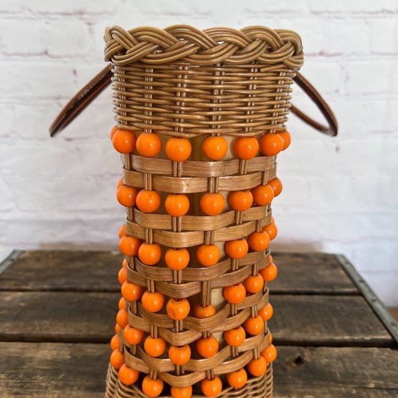 60's Straw & Beaded Tote Bag/Purse - Leather Handle - Boho - Mod - Coated Straw - Picture 7 of 9